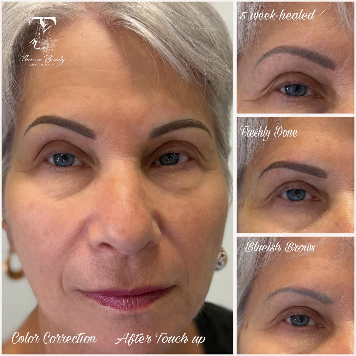 Client brow color correction collage with close-up brow views by Theresa in Land O’ Lakes, FL