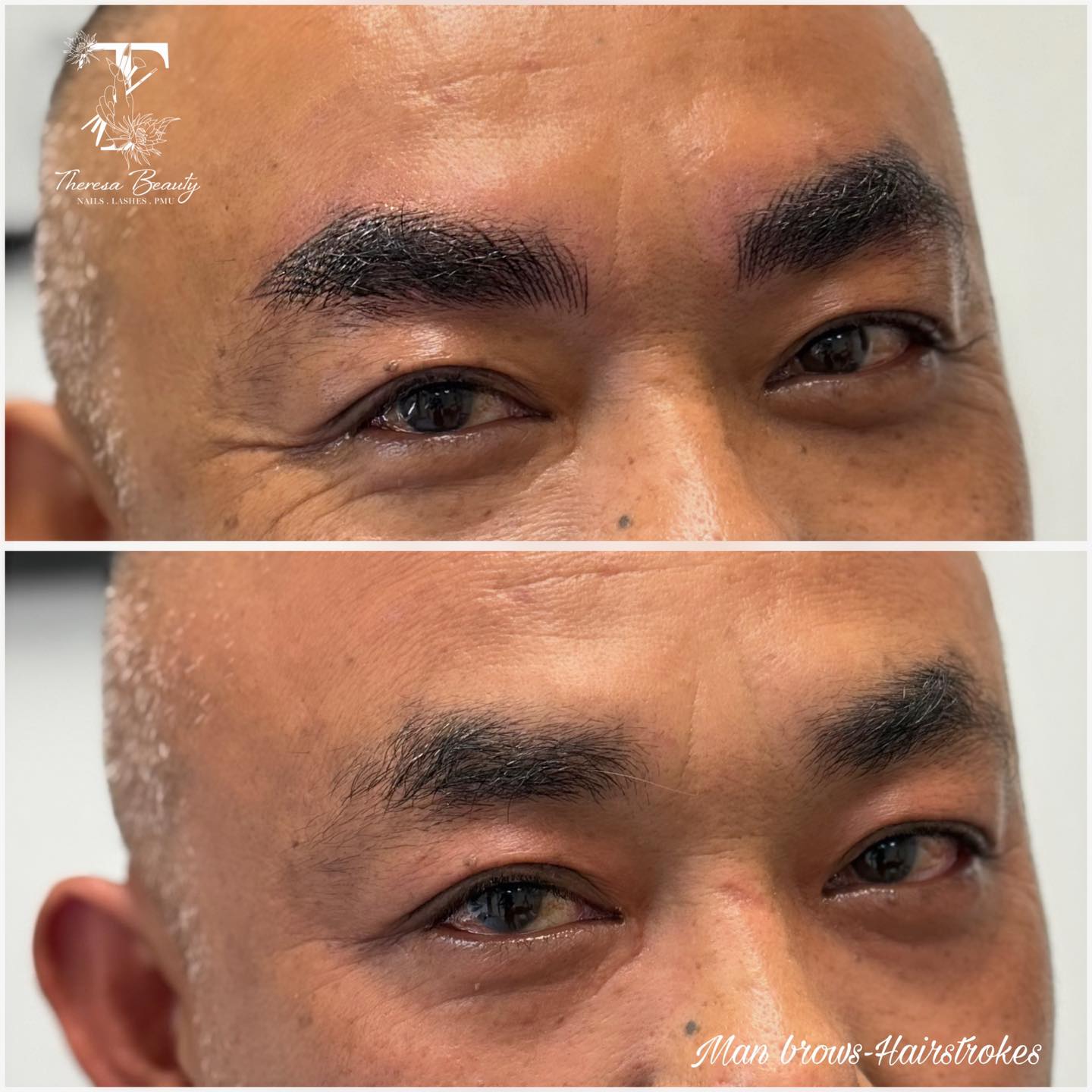 Two views of hairstroke brows on a male client by Theresa in Land O’ Lakes, FL
